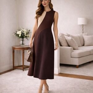 Melonie T Womens Colorblock Maxi Dress Brown Espresso Tan Sleeveless Size 8 NEW